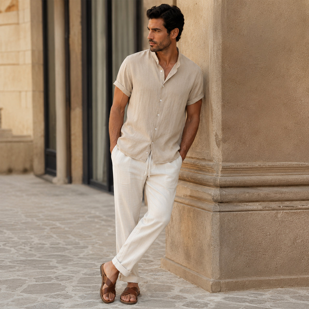 The Brentwood Men's Short Sleeve Linen Shirt & Drawstring Pants Set