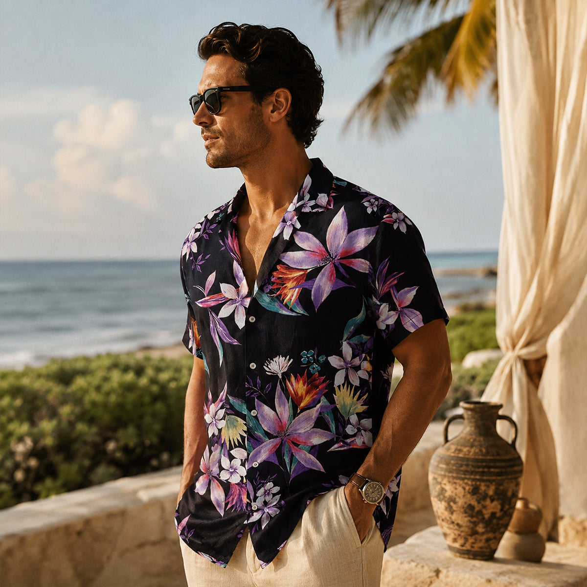 The Silverfield Men’s Lightweight Tropical Coconut Print Hawaiian Beach Shirt