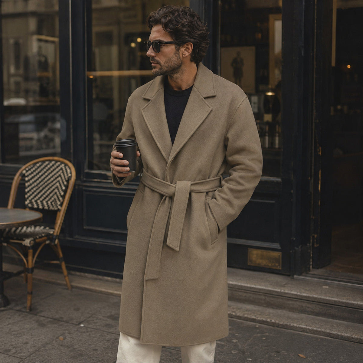 The Whitechapel Men's Elegant Camel Wrap Wool Coat with Belt