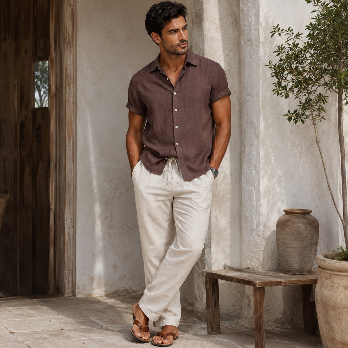 The Brentwood Men's Short Sleeve Linen Shirt & Drawstring Pants Set