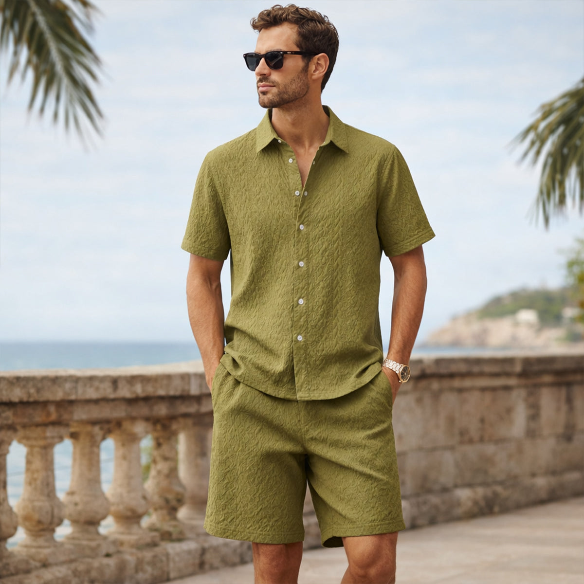 The Pinecrest Park Men’s Textured Casual Summer Set – Shirt & Shorts Set
