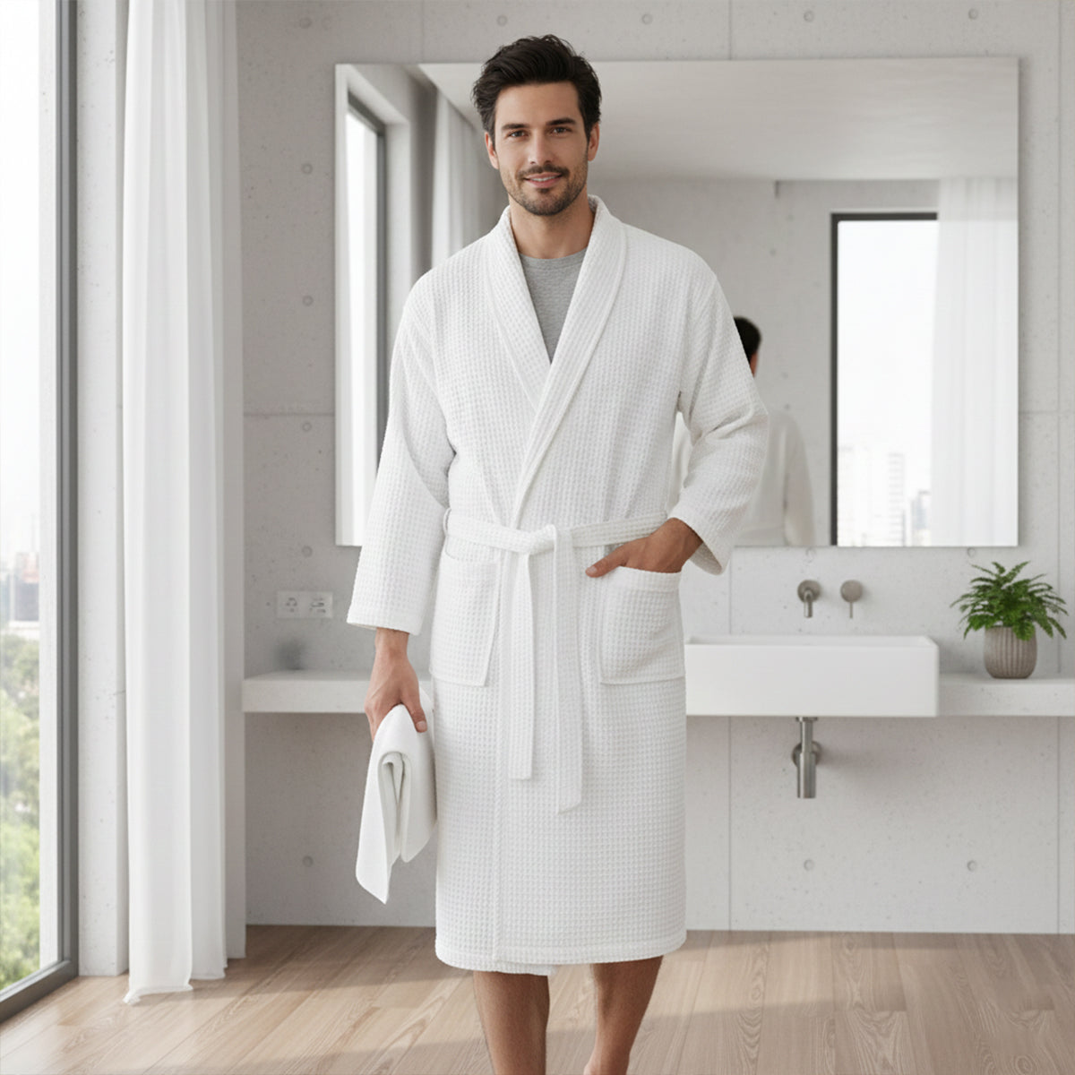 The Eastbourne Men's Cotton Waffle Lightweight Spa Bathrobe with Belt