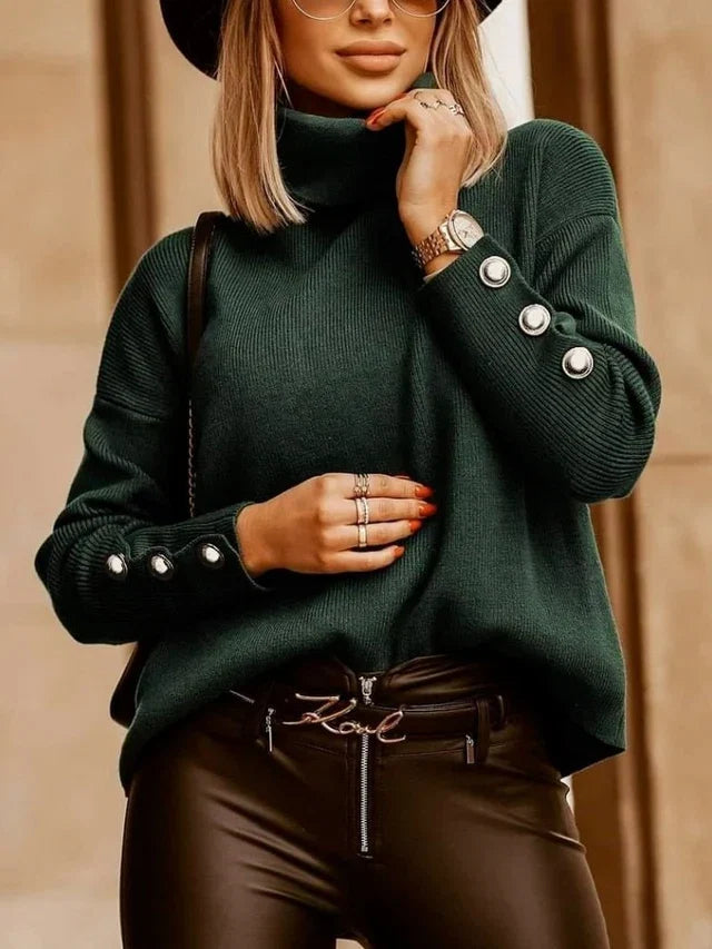 Women's High Collar Sweater with Button Detail Sleeves and Relaxed Fit