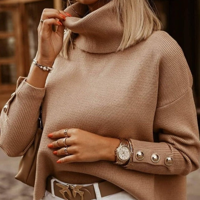 Women's High Collar Sweater with Button Detail Sleeves and Relaxed Fit
