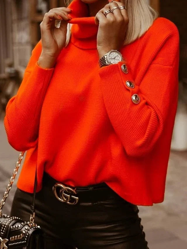 Women's High Collar Sweater with Button Detail Sleeves and Relaxed Fit