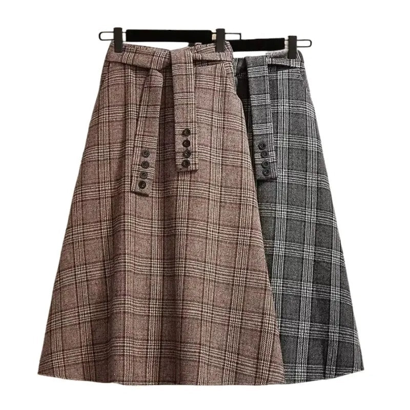 Women's High Waist Plaid A Line Midi Skirt