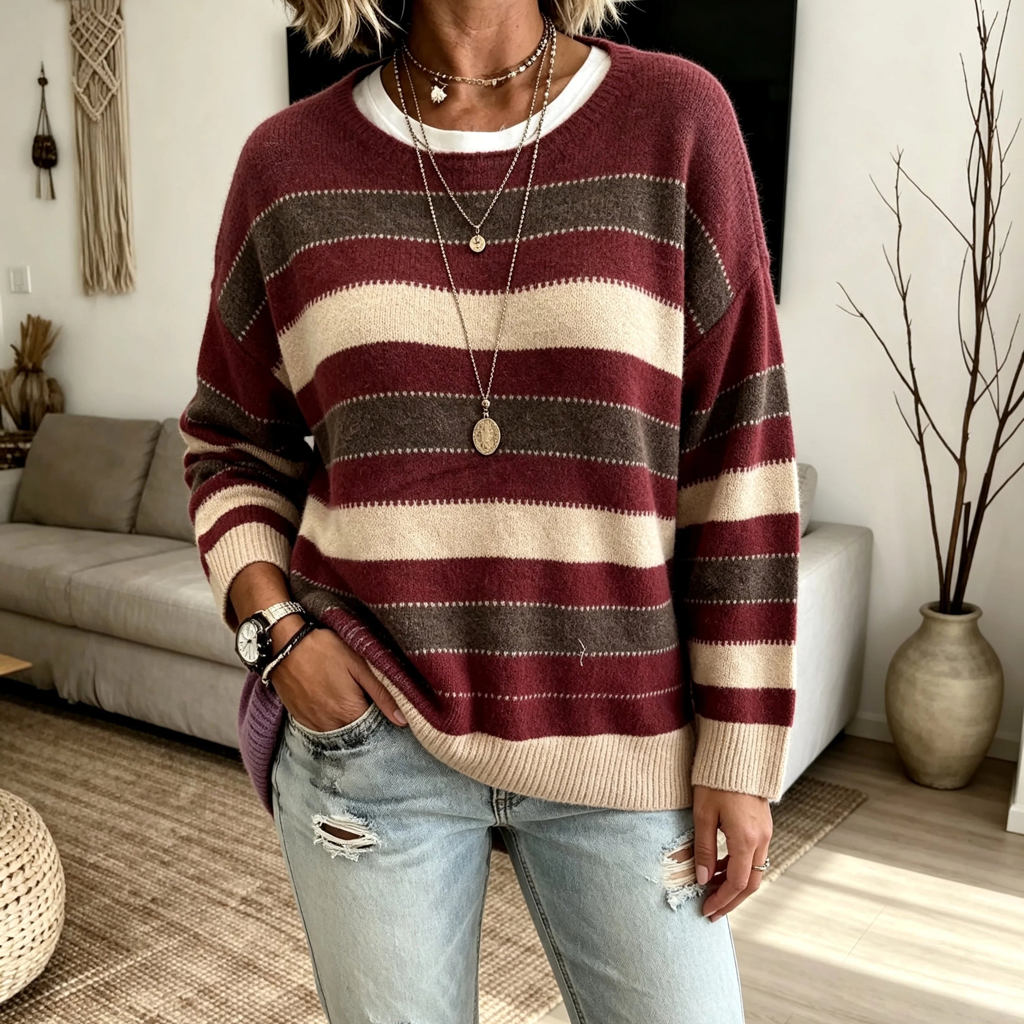 Women's Striped Crewneck Knit Sweater