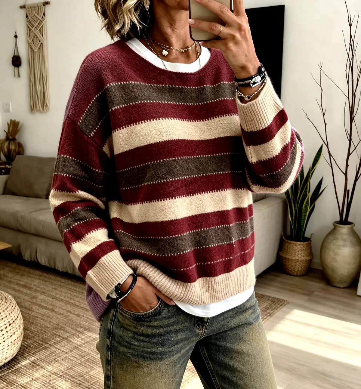 Women's Striped Crewneck Knit Sweater