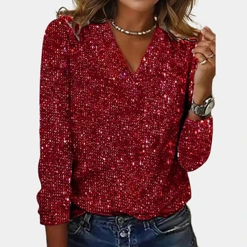 Women's Glitter V Neck Long Sleeve Top