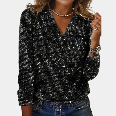 Women's Glitter V Neck Long Sleeve Top