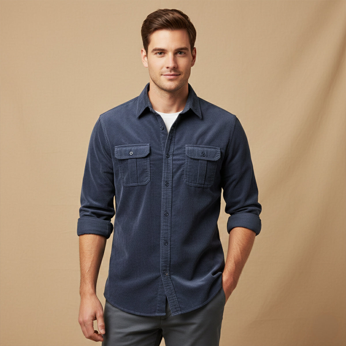 The Veneto Men’s Trendy Button-Up Corduroy Shirt