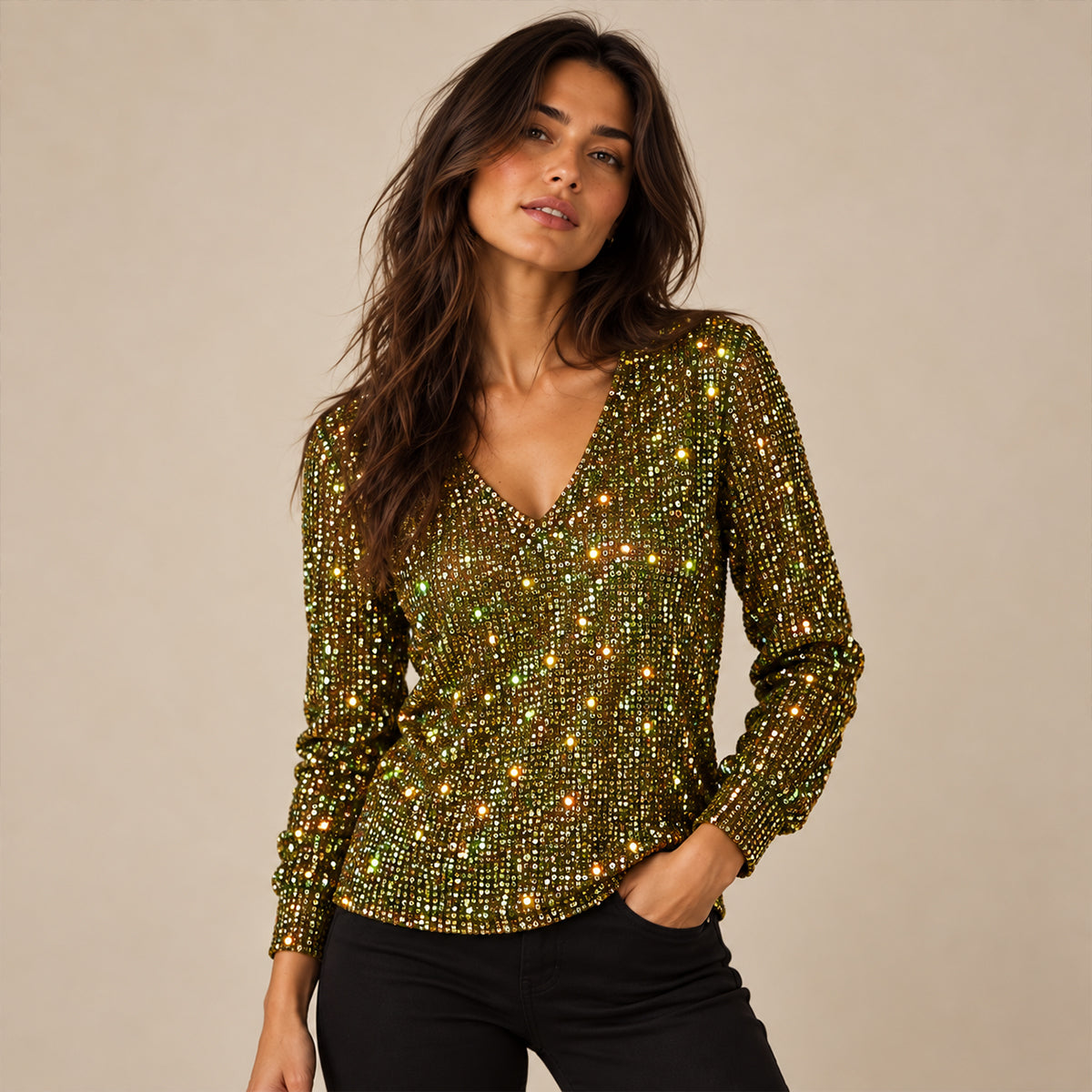 Women's Glitter V Neck Long Sleeve Top