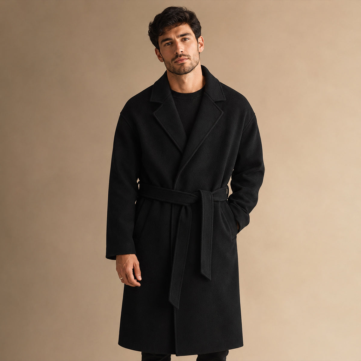 The Whitechapel Men's Elegant Camel Wrap Wool Coat with Belt