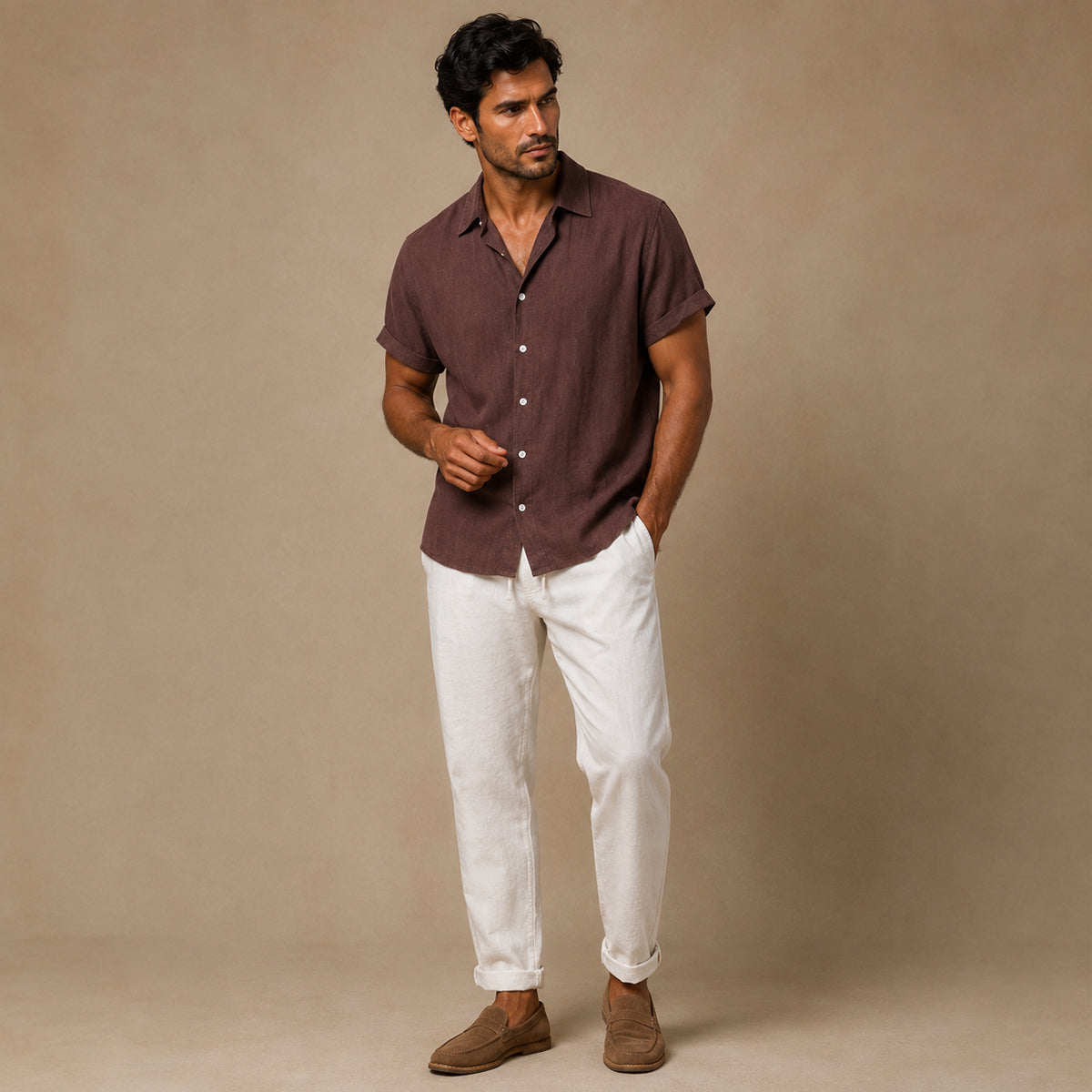 The Brentwood Men's Short Sleeve Linen Shirt & Drawstring Pants Set