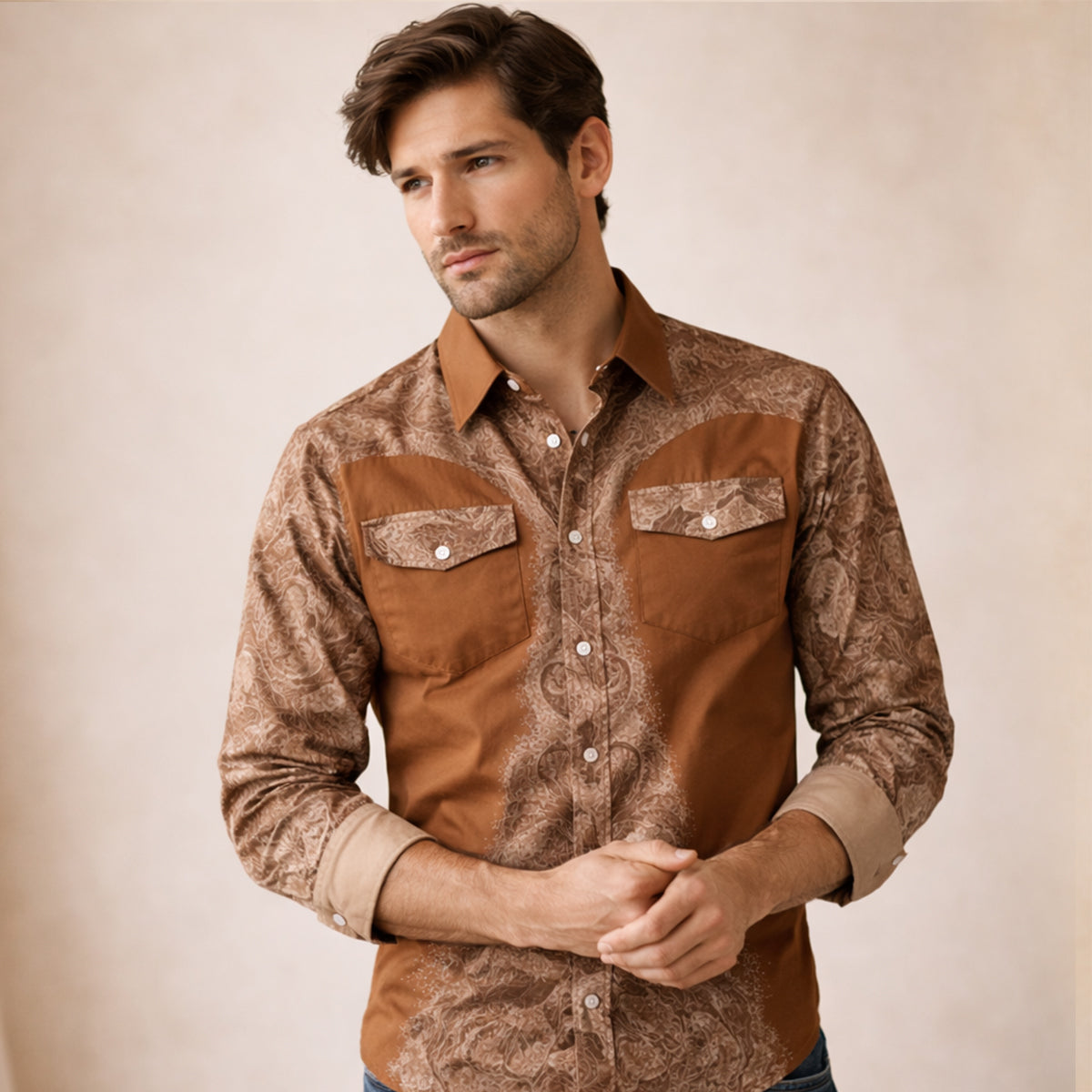 The Brookcrest Men’s Two-Tone Patchwork Western Retro Denim Shirt