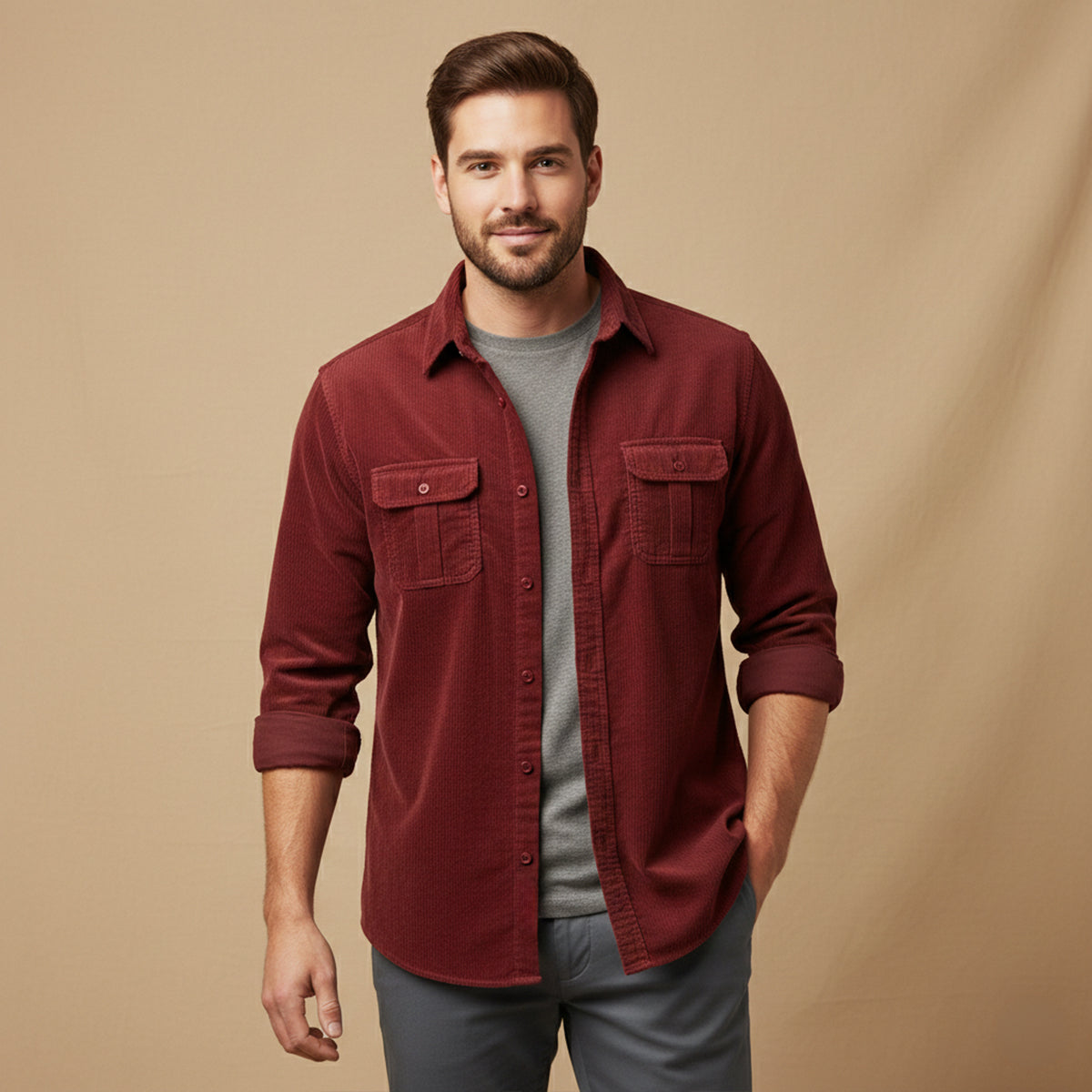 The Veneto Men’s Trendy Button-Up Corduroy Shirt