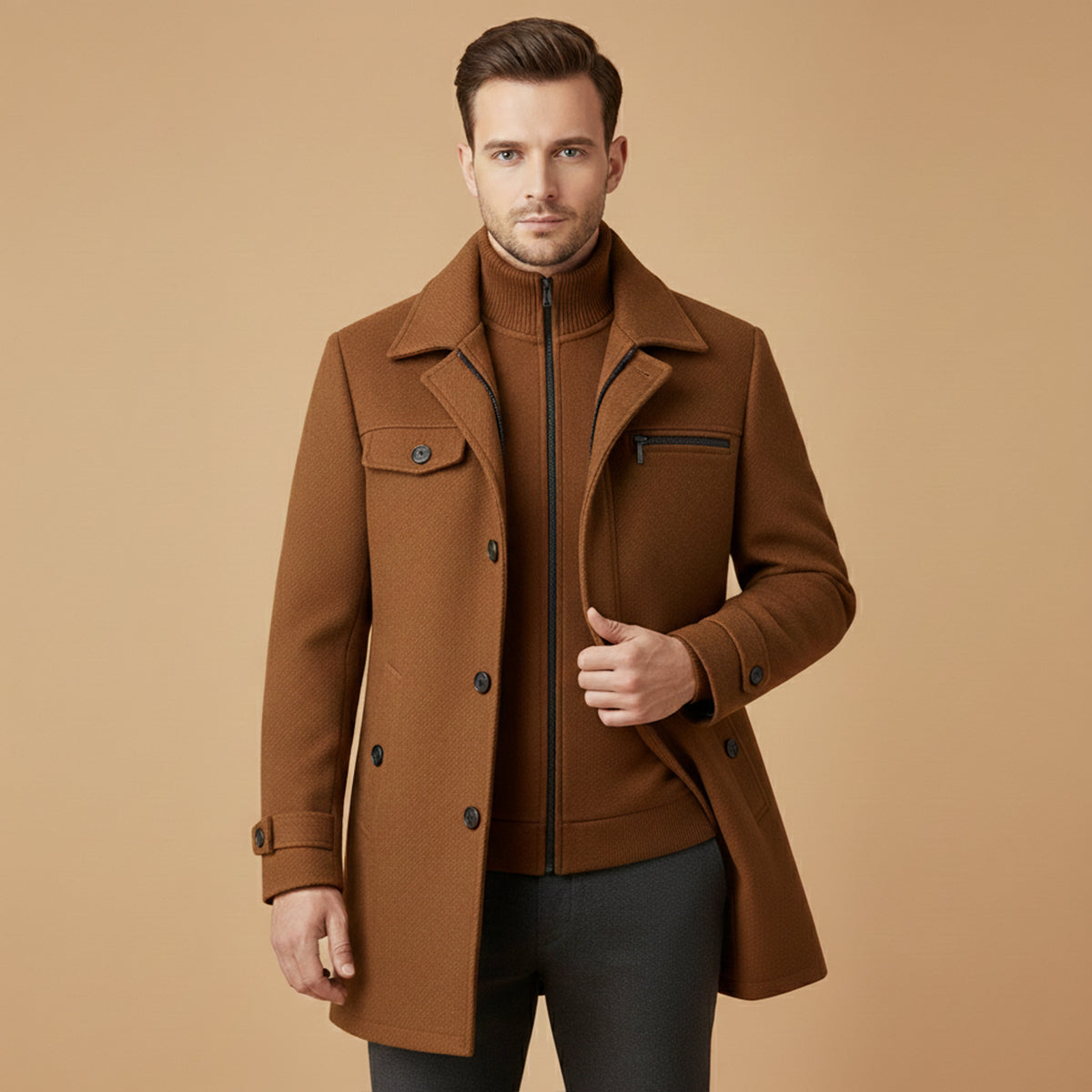 The Windermere Men’s Smart Wool Blend Jacket with Zipper and Button Closure