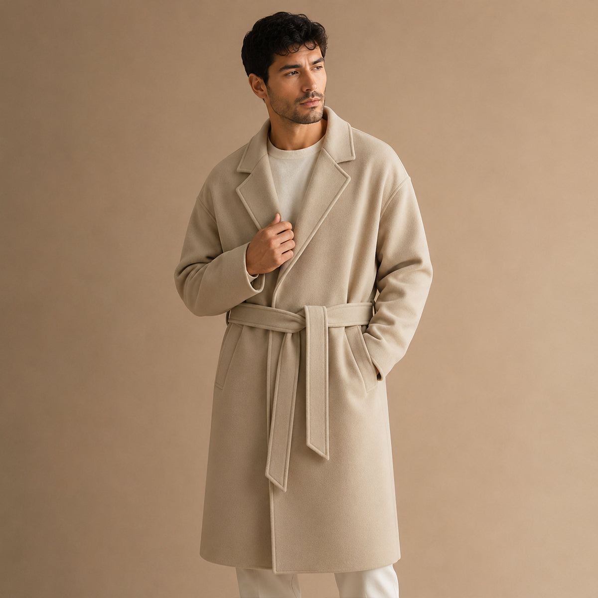 The Whitechapel Men's Elegant Camel Wrap Wool Coat with Belt