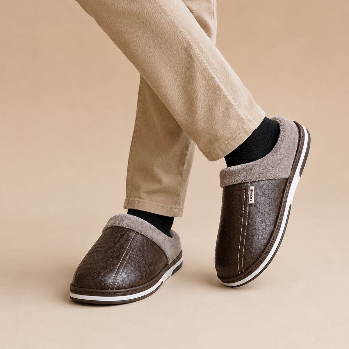 The Lampeter Men's Warm Fur Lined Leather Mule House Shoes