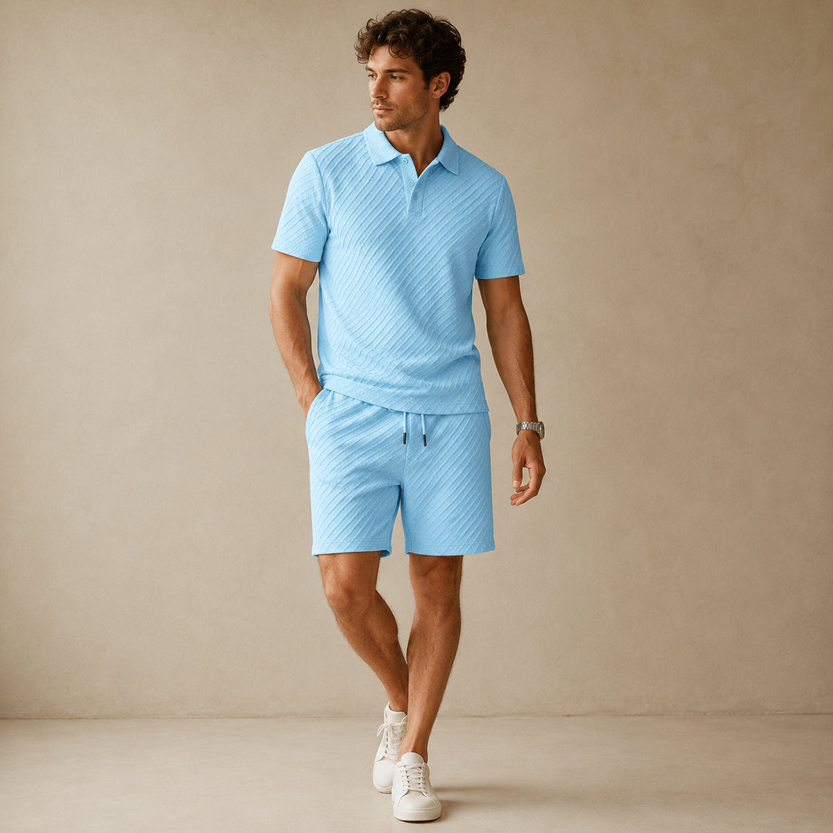 The Surrey Men’s Summer Jacquard Polo & Shorts Set – Lightweight Beach Outfit
