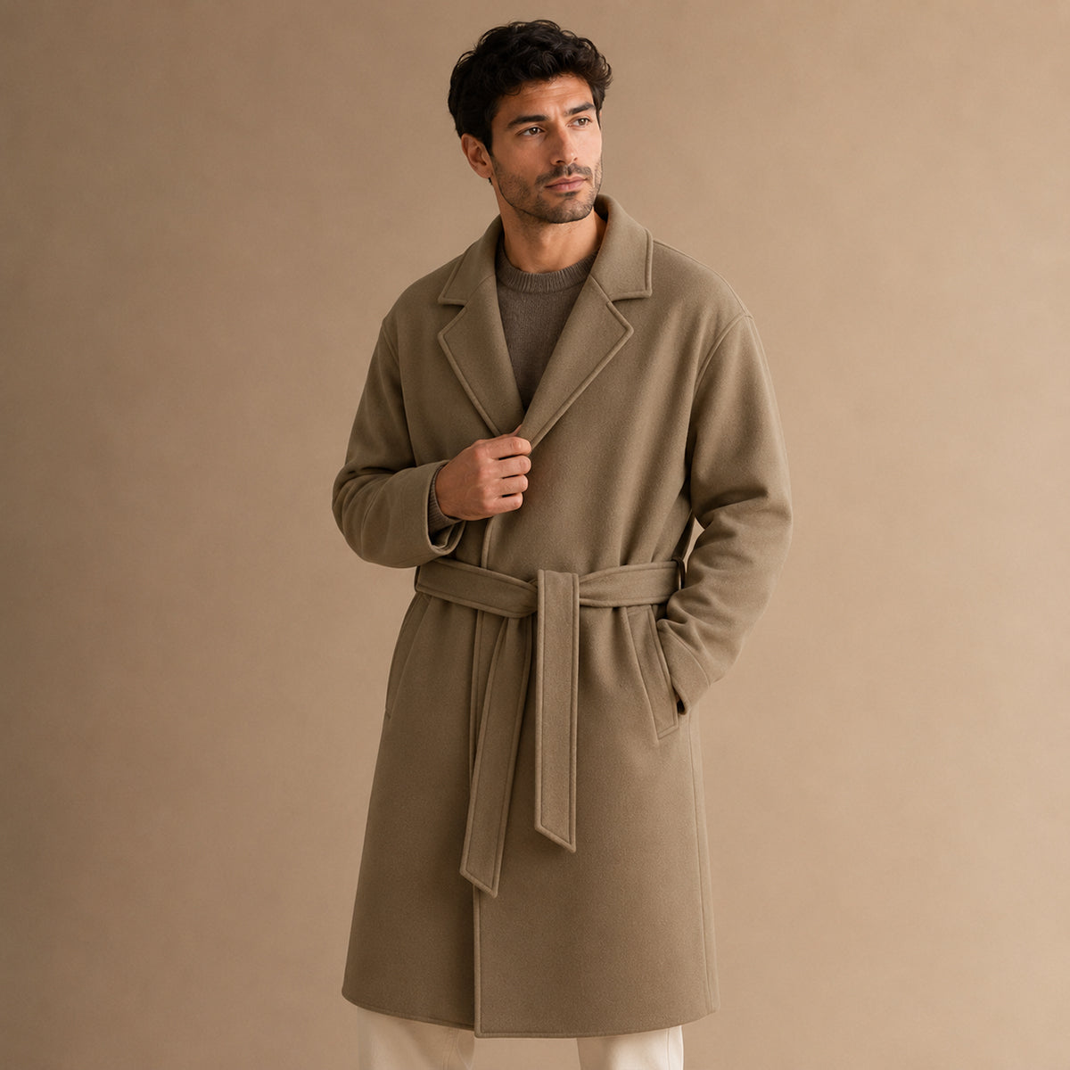 The Whitechapel Men's Elegant Camel Wrap Wool Coat with Belt