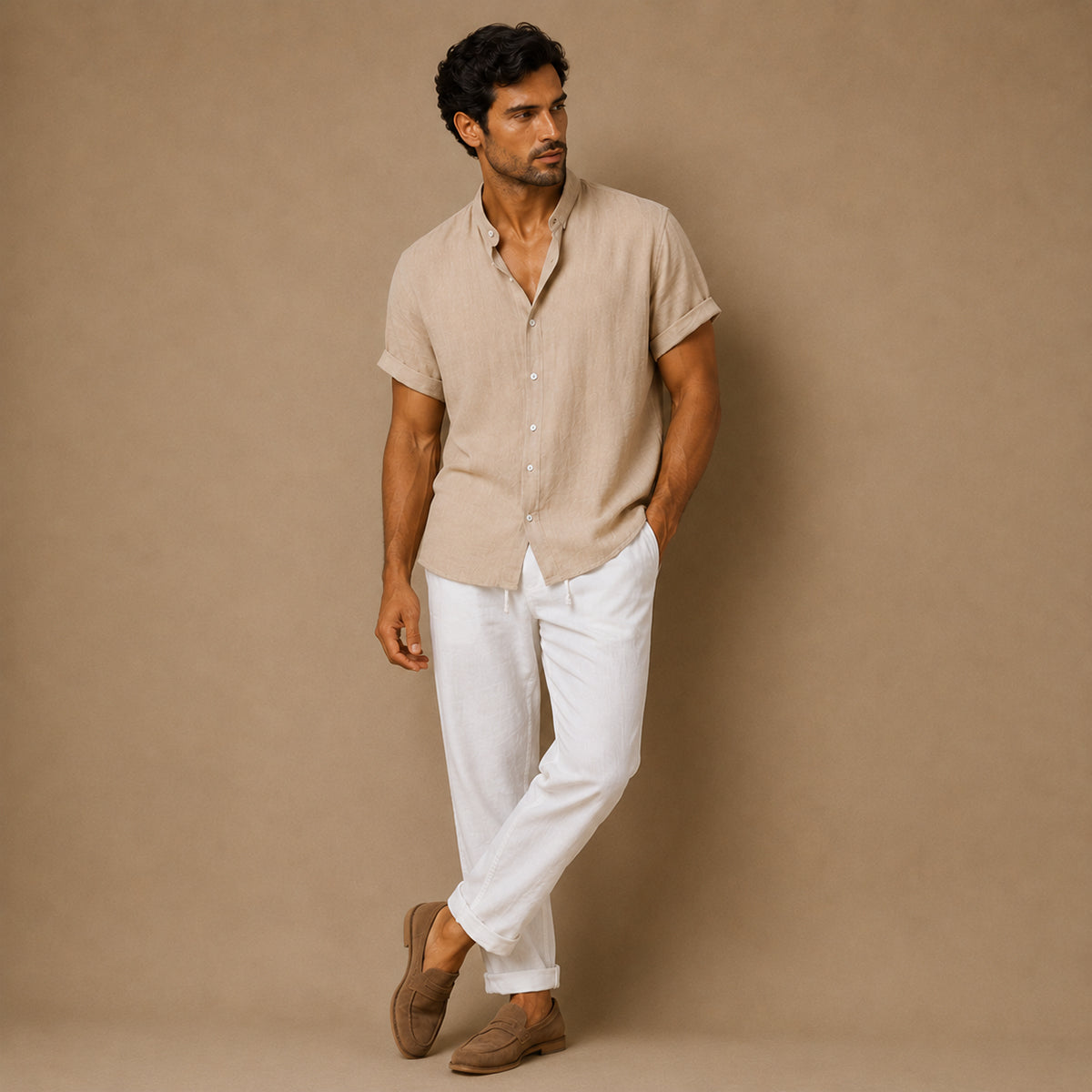 The Brentwood Men's Short Sleeve Linen Shirt & Drawstring Pants Set