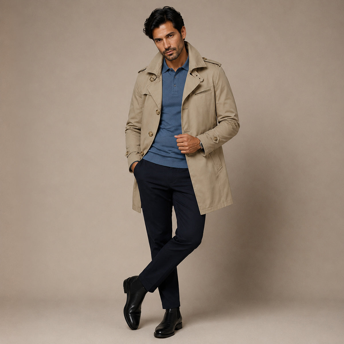 The Riomaggiore Men's Slim Notched Collar Single Breasted Trench Coat