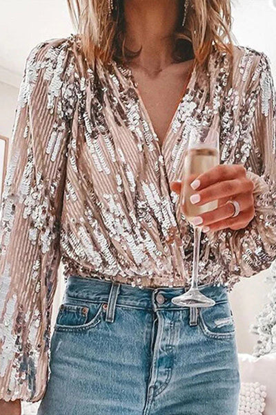 Silver Sequin V Neck Top