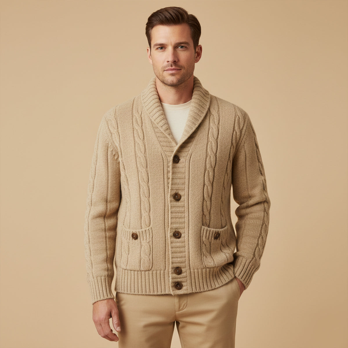 The Carlton Men’s Beige Cable Knit Merino Wool Cardigan