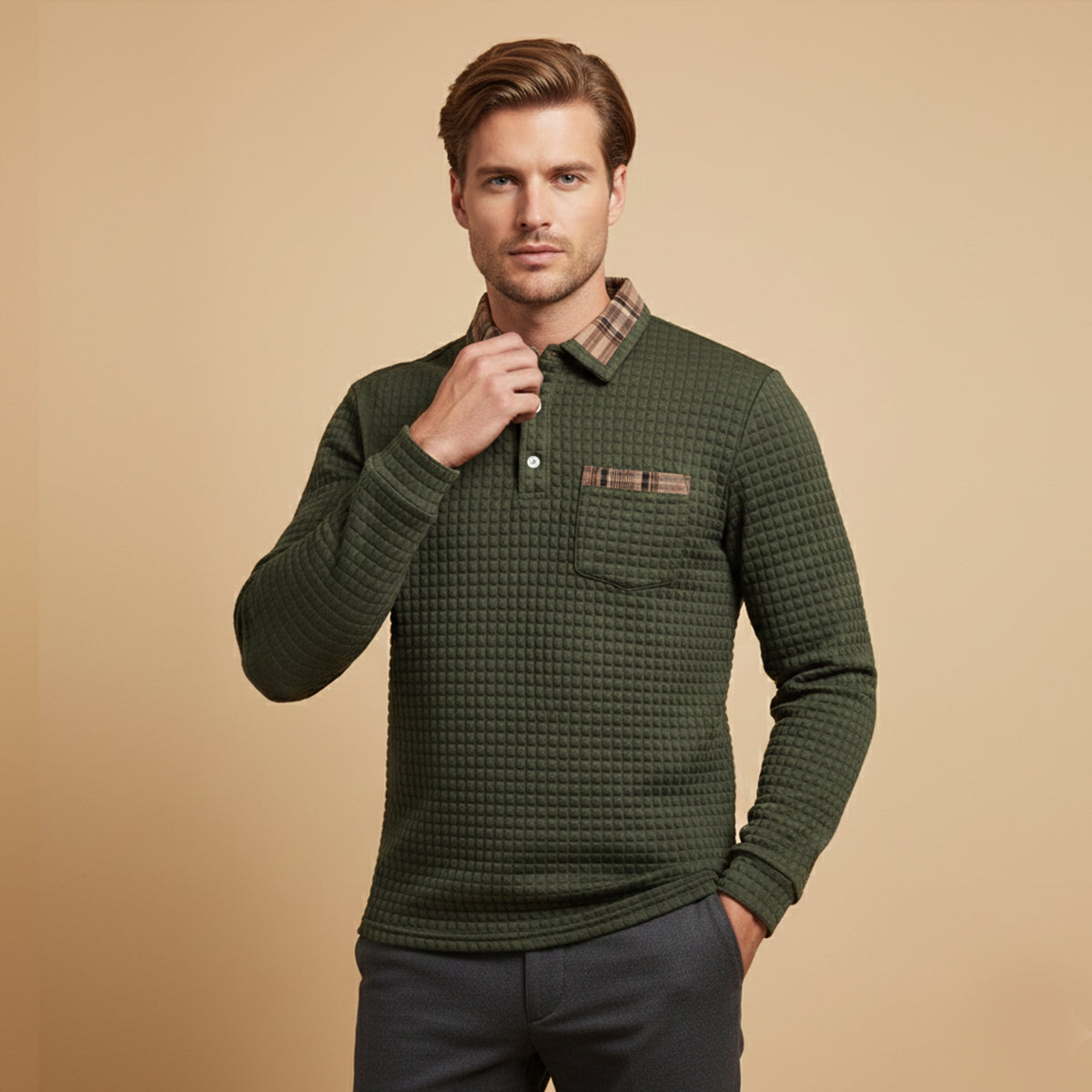 The Saturnia Men’s Waffle Knit Polo Sweater with Plaid Collar