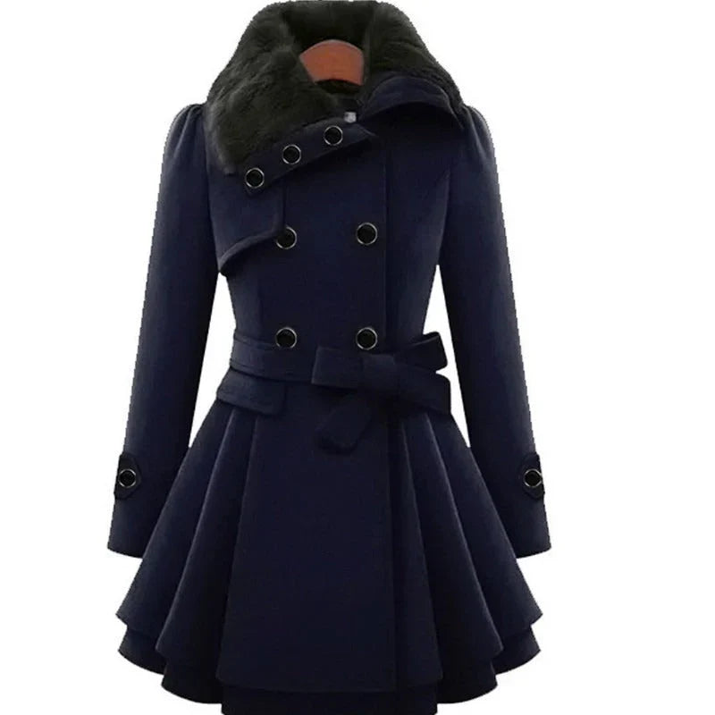 Women's Fur Collar Peacoat – Elegant Belted Fit & Flare Winter Coat