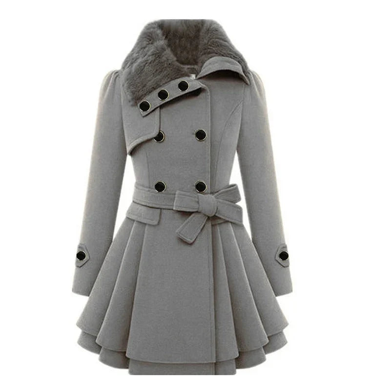 Women's Fur Collar Peacoat – Elegant Belted Fit & Flare Winter Coat
