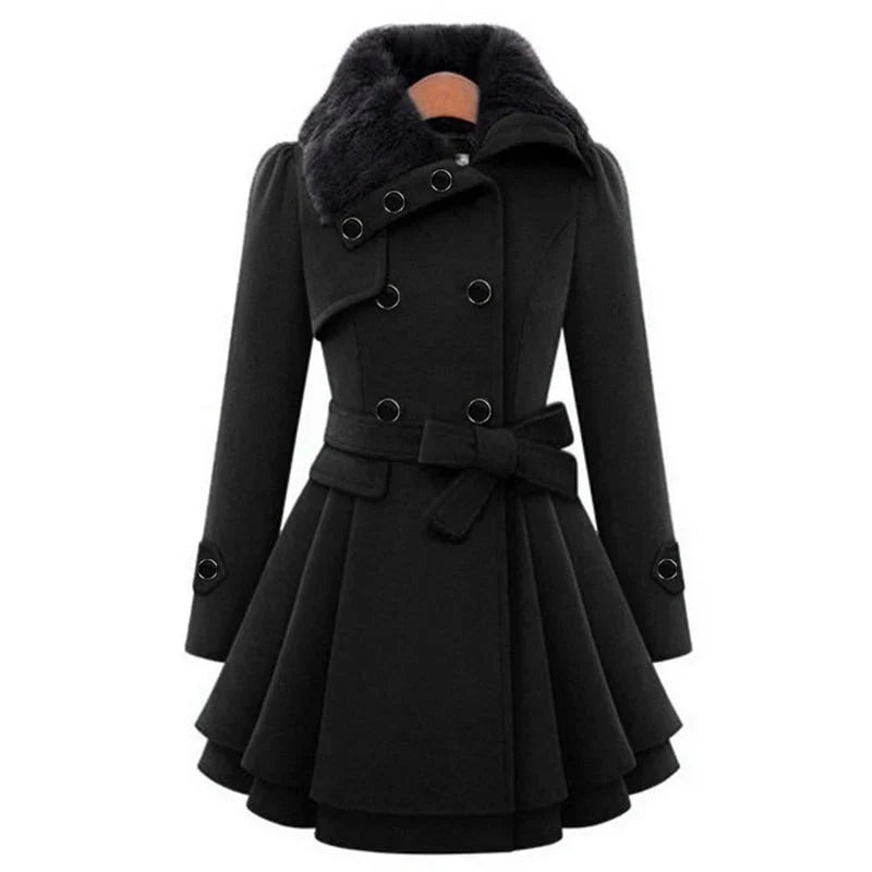 Women's Fur Collar Peacoat – Elegant Belted Fit & Flare Winter Coat