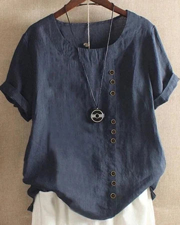 Women's Round Neck Short Sleeve Top with Button Detail