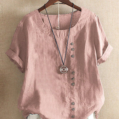 Women's Round Neck Short Sleeve Top with Button Detail