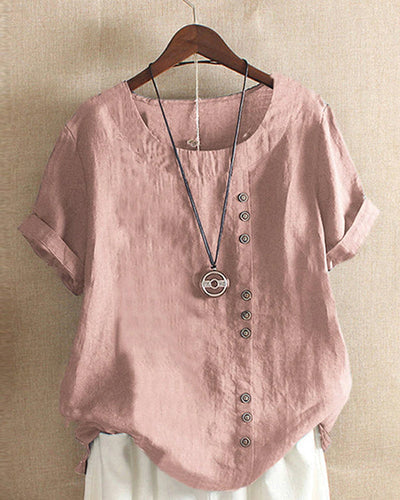 Women's Round Neck Short Sleeve Top with Button Detail