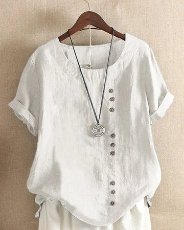 Women's Round Neck Short Sleeve Top with Button Detail